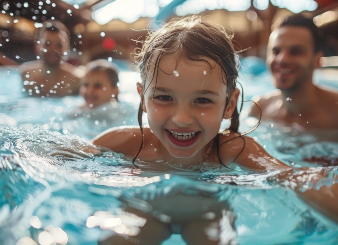 Ein junges grinsendes Mädchen beim Schwimmen in einem Indoorpool.