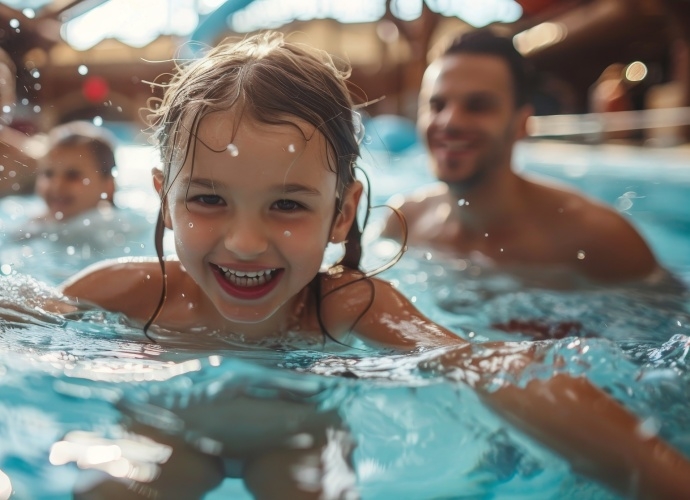 Ein junges grinsendes Mädchen beim Schwimmen in einem Indoorpool.